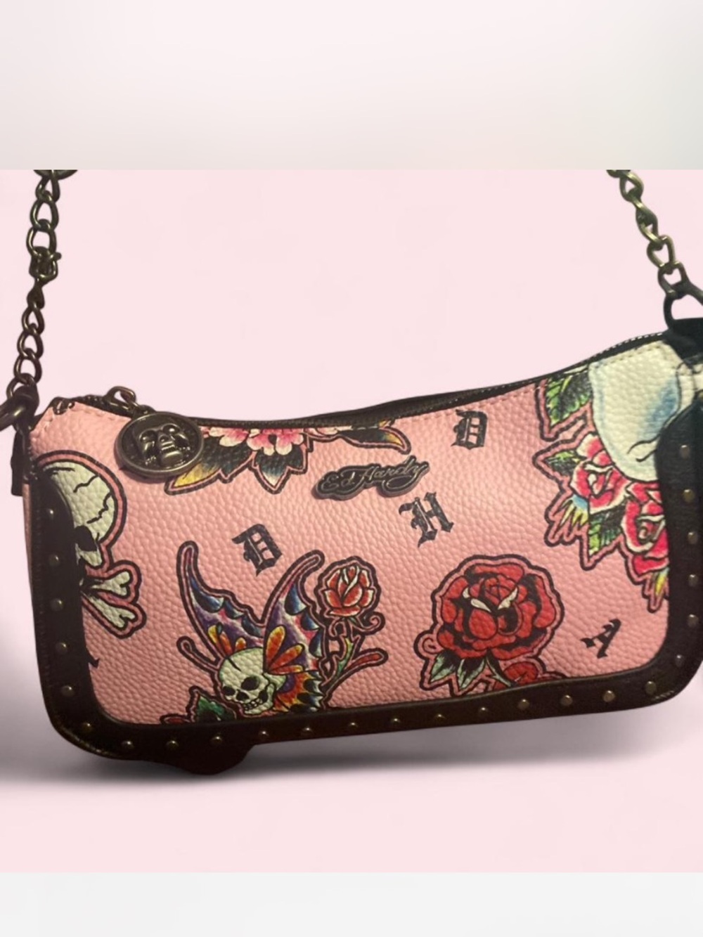 Ed Hardy Pink Tattoo-Print Chain Shoulder Bag